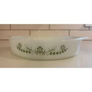 Vintage Glasbake USA Round Casserole Dish Green Daisy Meadow Flowers